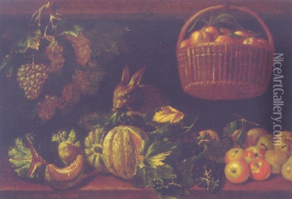 Pears, Apples, Grapes And Other Fruit With A Rabbit On A Ledge, Apples In A Basket And A Bunch Of Grapes Hanging From Nails Above Oil Painting - Michelangelo di Campidoglio