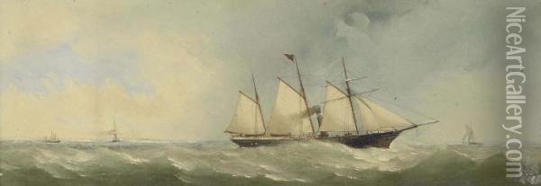 A Schooner-rigged Auxiliary Steamer Running Through Spithead, The Entrance To Portsmouth Harbour Off Her Stern Oil Painting - Charles Taylor