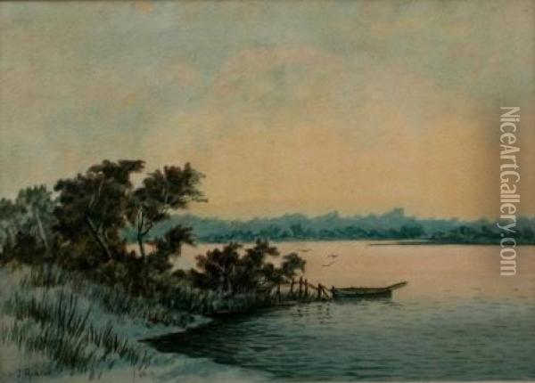 boat By A Lakeside Jetty Oil Painting - James Ashton