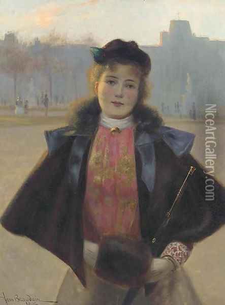 Portrait of a young woman, three quarter length, in a winter park with fur cape, muff and hat Oil Painting - Jean Beauduin