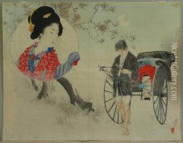 Der Junge Rikschafahrer Denkt An Seine Freundin, Japan, Um 1880 Oil Painting - Mizuno Toshikata