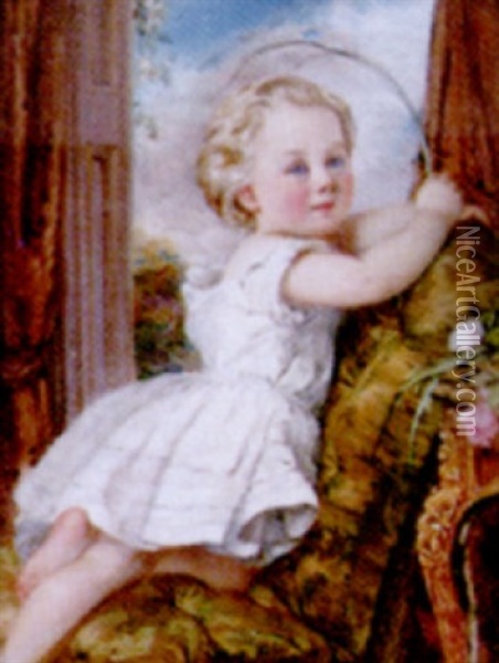 A Portrait Of A Child, John Russell, Kneeling On A Couch In An Interior, By A Window Overlooking A Garden In A White Petticoat Oil Painting - Annie Dixon