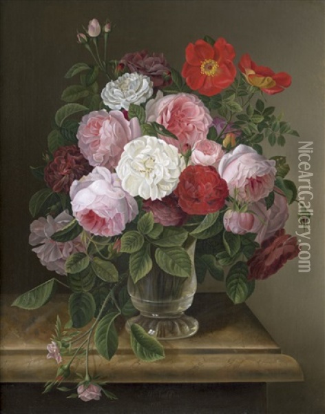 Rosenbouquet In Einer Glasvase Auf Einem Marmortisch Oil Painting - Gottfried Wilhelm Voelcker