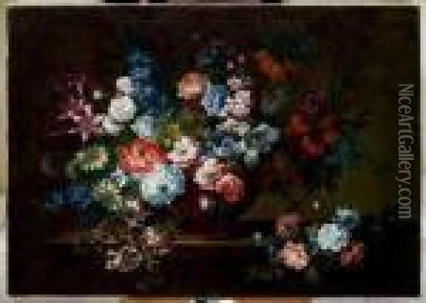 Bouquet De Lys Et Autres Fleurs Dans Un Vase De Porphyre Oil Painting - Antoine Monnoyer