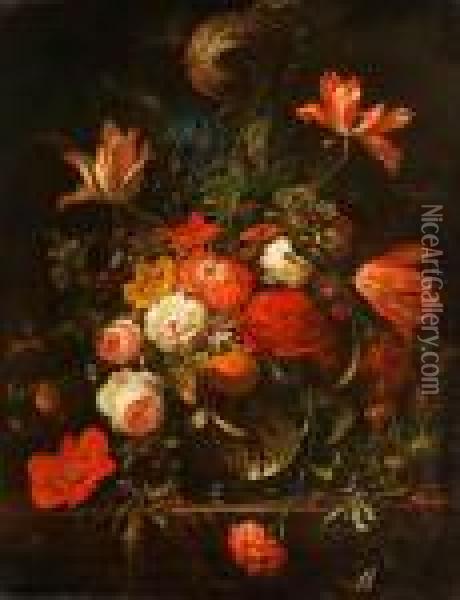 Blumenstrauss In Kugeliger Glasvase Miteiner Orange Oil Painting - Abraham Mignon