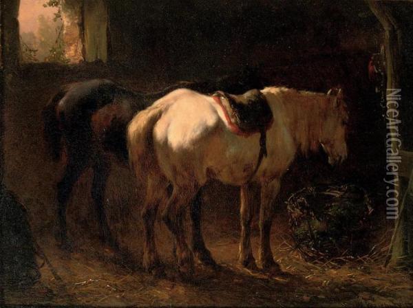 Horses In The Stable Oil Painting - Wouterus Verschuur