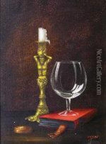Still Life With Candlestick Oil Painting - J.C. Ward
