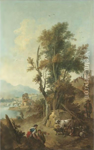 An Italianate River Landscape With Figures Resting In The Foreground Oil Painting - Giuseppe Zais