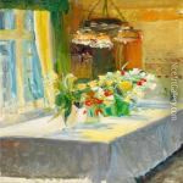 Et Bord Med Blomster Paa Fru Brodersens Fodselsdag Oil Painting - Michael Ancher