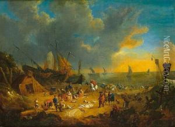 Elegant Figures Inspecting The Catch On A Beach With Sailing Barges And Shipping Beyond Oil Painting - Lucas Smont