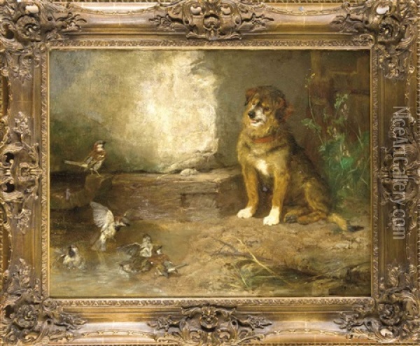 Hund Beobachtet Spatzen Beim Baden Oil Painting - Josef Schmitzberger