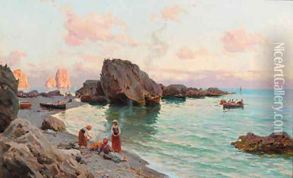 A coastal inlet with figures on a beach, Capri Oil Painting - Bernard Hay