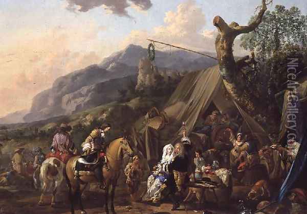 Military commander at a mountain encampment with merrymakers Oil Painting - Johann Heinrich Roos