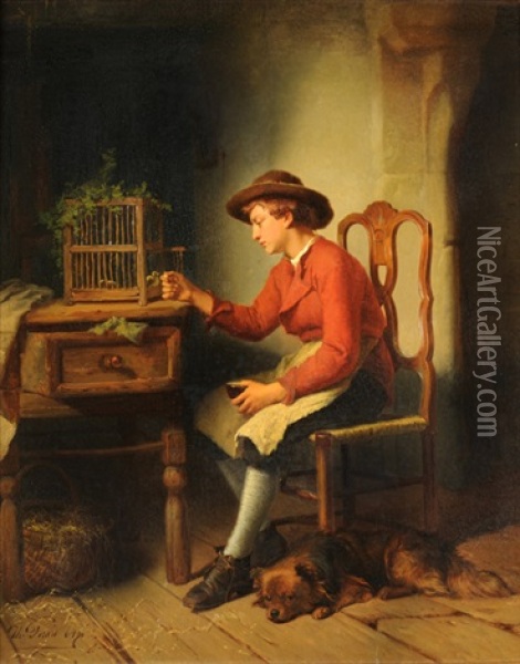 Junge Mit Hund Das Voglein Futternd Oil Painting - Theodore Gerard