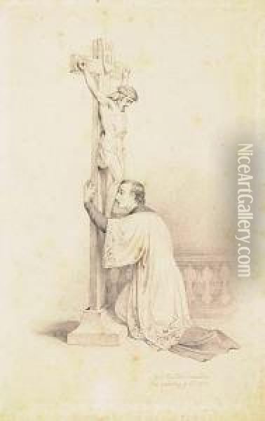 An Acolyte In Prayer At The Base Of A Crucifix<</b> Oil Painting - Melchior Paul Von Deschwanden