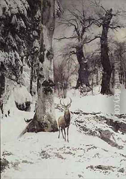 A Stag in a Snowy Wood Oil Painting - Ludwig Fromme