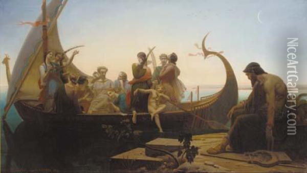 Greek Mythological Figures On A Boat Near A Pier Oil Painting - Louis-Marie Baader