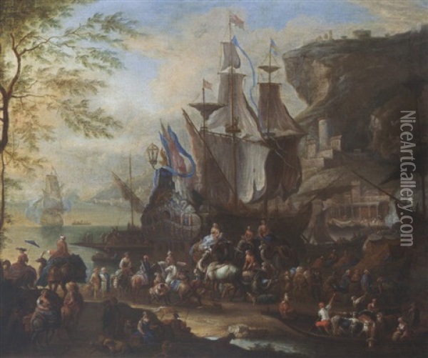 A Mediterranean Harbour Scene With Figures Unloading Merchantmen, Together With Horsemen, An Elephant, Dromedaries And A Ferry In The Foreground, A View Of A Town In The Background Oil Painting - Jan-Baptiste van der Meiren