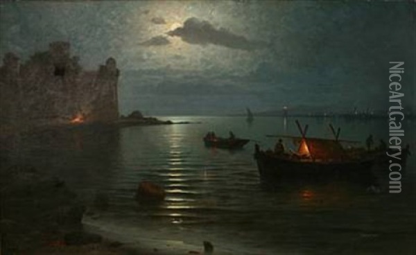 Coastal Scene From Malaga With A Castle Ruin And Fishermen Oil Painting - Guillermo Gomez Gil