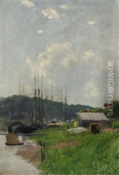 Vor Anker Liegende Segelboote In Sommerlicher Kanallandschaft Oil Painting - Berthold Paul Foerster