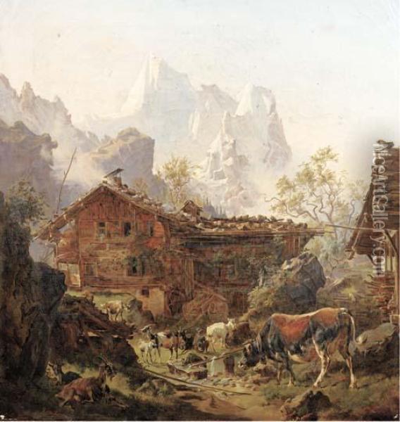 Milking Time In The Mountains Oil Painting - Wilhelm Melchior