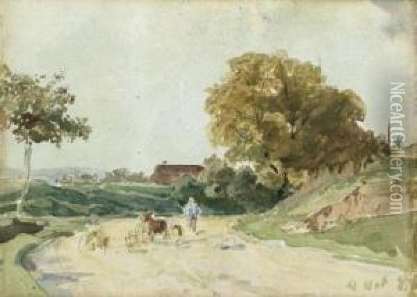 Landscape With Herdsman Oil Painting - Albert Anker