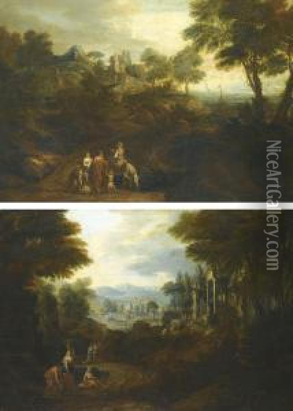 Italianate Landscapes With Riders And Classical Ruins Oil Painting - Jan Joost Von Cossiau