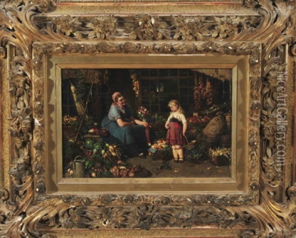 Der Erste Einkauf Eines Kleinen Madchens Bei Der Freundlichen Gemusehandlerin Oil Painting - Emmanuel Spitzer