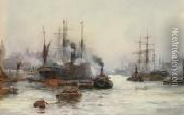 Bustling Activity On The Thames Oil Painting - William Harrison Scarborough