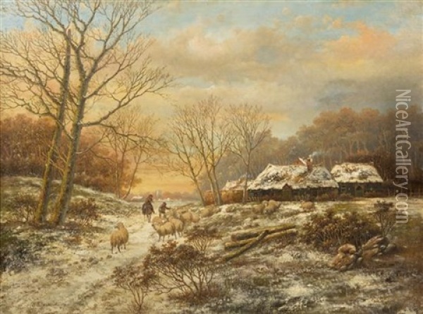 Gathering The Sheep Oil Painting - Hendrik Barend Koekkoek