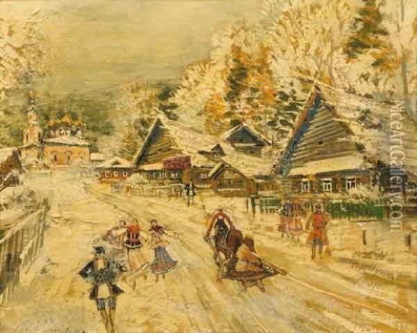 Traineau Dans Un Village Enneige Oil Painting - Konstantin Alexeievitch Korovin