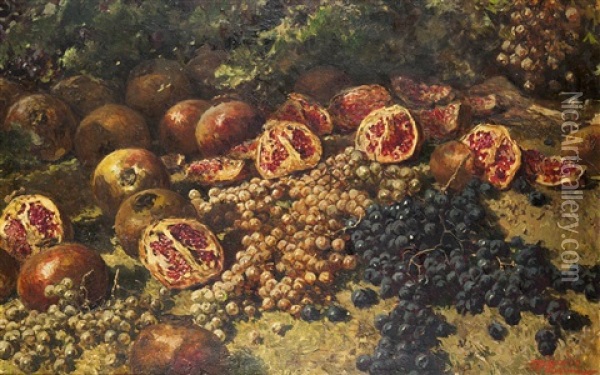 Natura Morta Con Uva E Melograni Oil Painting - Riccardo Pellegrini