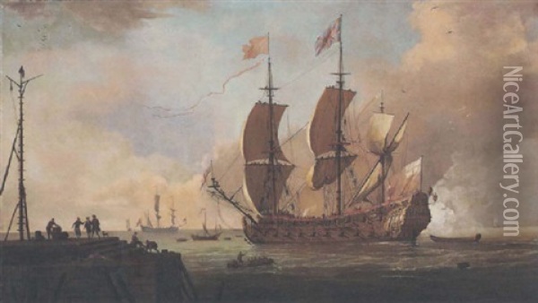 A British Fifth Rate Signalling Its Arrival At A Continental Port Oil Painting - Adriaen Van Diest