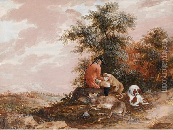 A Hunter And His Dogs Resting By Their Catch Oil Painting - Magnus Brasch