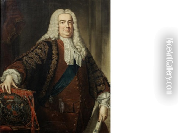 Portrait Of Sir Robert Walpole, 1st Earl Of Orford, Three-quarter-length, In The Robes Of The Lord Chancellor And The Sash Of The Order Of The Garter, Holding The Great Seal Oil Painting - Jean-Baptiste van Loo