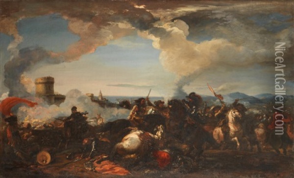 A Cavalry Battle Before The Walls Of A Town Oil Painting - Jacques Courtois