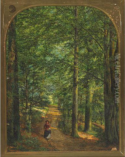 Girl On A Sunlit Woodland Path Oil Painting - Richard Redgrave