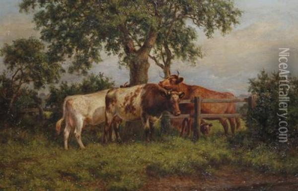 Cattle In The Shade By A Fence Oil Painting - Joseph Dixon Clark