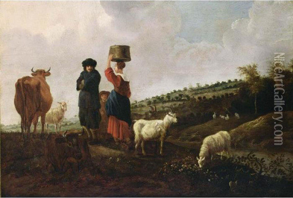 A Hilly Landscape With A Shepherd And His Herd, A Milkmaid And A Boy Conversing Oil Painting - Jan Baptist Wolfaerts