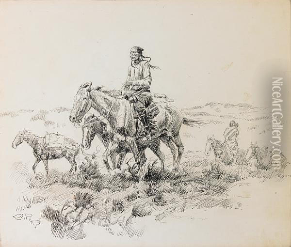 Indian On Horseback Traveling With A Squaw And Pack Horses Oil Painting - Charles Marion Russell