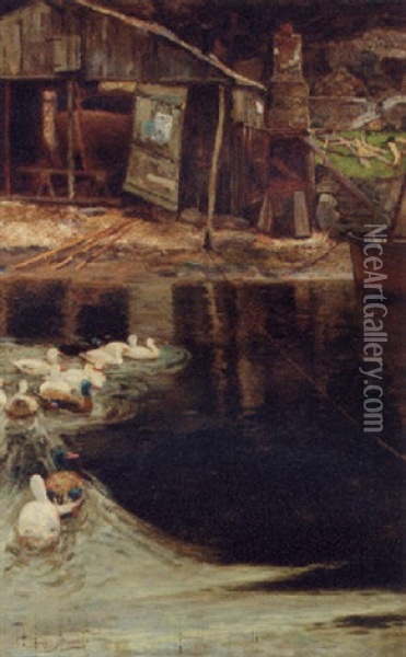 Ducks In The Boatyard Oil Painting - Sir David Murray