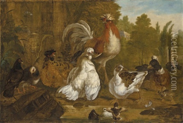Poultry In The Garden Of A Neoclassical Villa Oil Painting - Pieter Casteels III