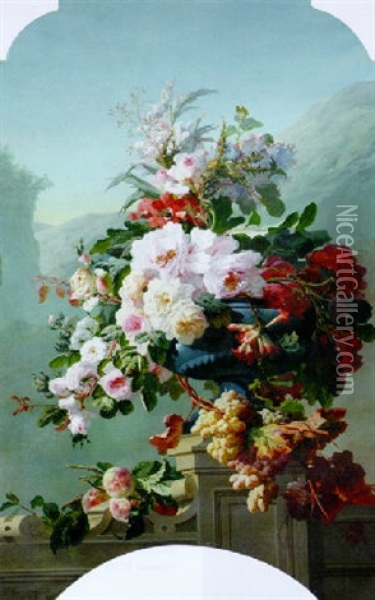 A Still Life Of Flowers And Fruit Oil Painting - Pierre Bourgogne