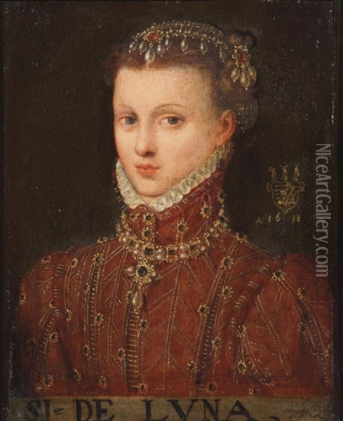 Portrait Of A Lady In An Embroidered Red Velvet Costume Oil Painting - Jean (Jehannet) Clouet