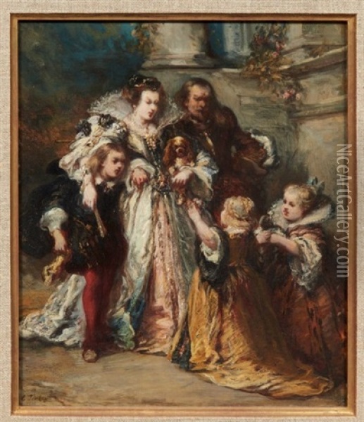 Elegante Famille En Habits Du Xvie Siecle Oil Painting - Louis-Gabriel-Eugene Isabey