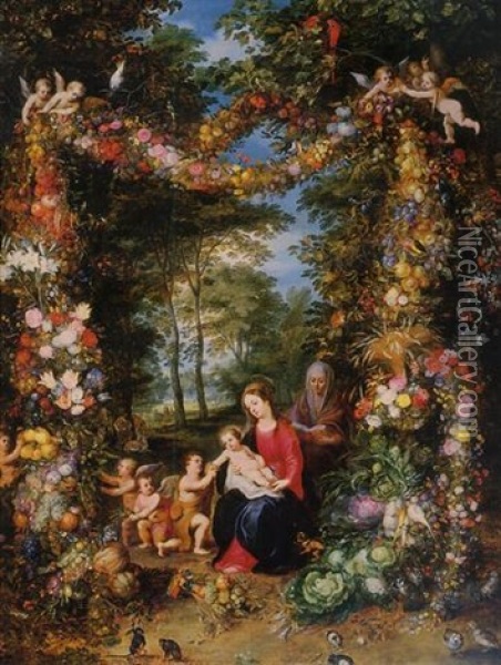 The Virgin And Child With The Infant Saint John The Baptist, Saint Anne And Angels Surrounded By A Garland Of Flowers And Fruit Oil Painting - Jan Brueghel the Elder