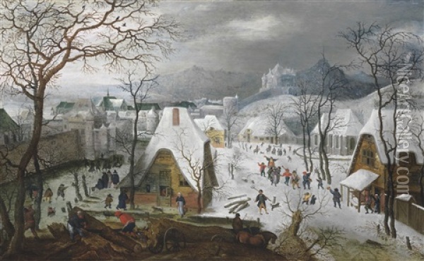 The Season Of Winter: A Snowy Landscape With A Wedding Procession And Figures Playing On The Ice Outside A Walled Town Oil Painting - Jacob Savery the Elder