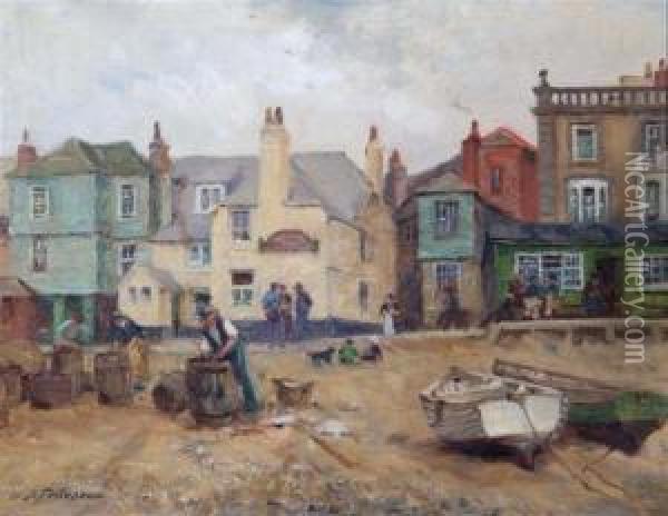 St Ives Harbour With Beached Rowing Boats And Fisher Folk Oil Painting - William Banks Fortescue