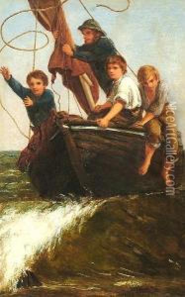 Bringing The Boat Ashore. Oil Painting - James Clark Hook