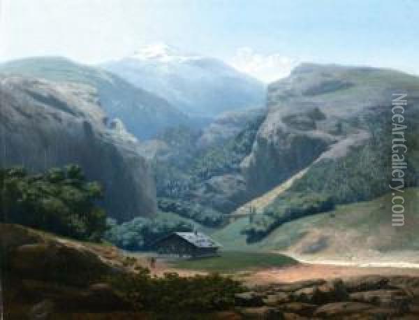 Wandelaar Bij Chalet In Een Alpenvallei Oil Painting - Johann Gottfried Steffan
